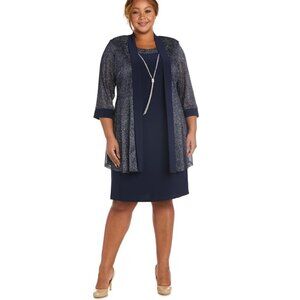 R & M Richards Navy Blue Dress with Sparkling Overlay Size 14